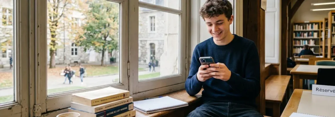 Jeune étudiant vérifiant son épargne sur son smartphone dans un espace universitaire lumineux