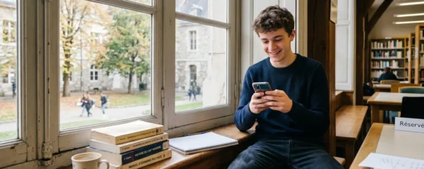 Jeune étudiant vérifiant son épargne sur son smartphone dans un espace universitaire lumineux