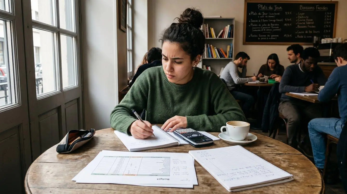 Jeune femme analysant ses dépenses prévisionnelles avec calculatrice et documents sur une table