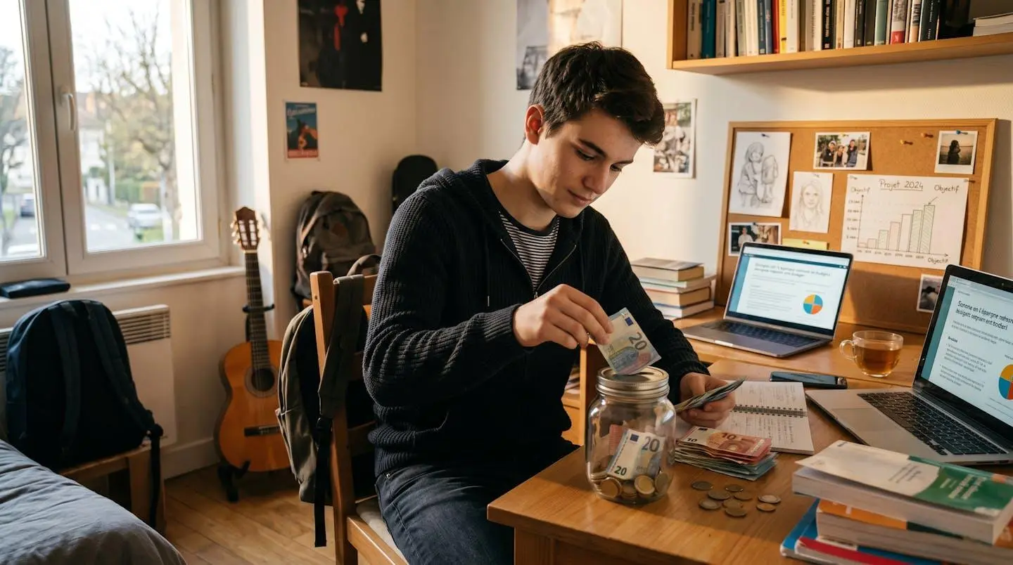Adolescent mettant des billets dans une tirelire transparente posée sur un bureau