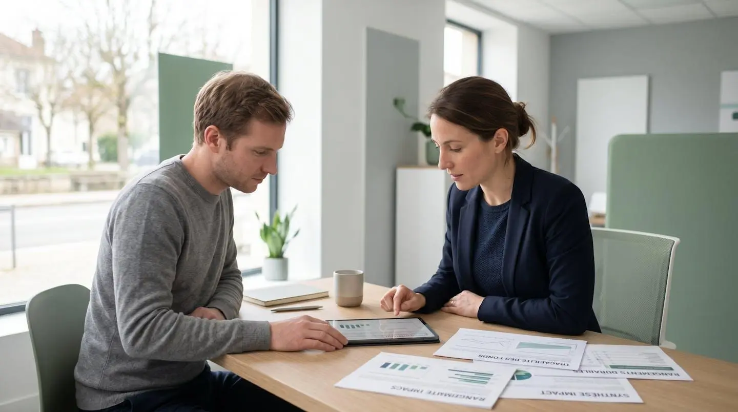 Conseiller bancaire et client consultant ensemble un rapport d'impact sur tablette dans un bureau contemporain avec lumière naturelle