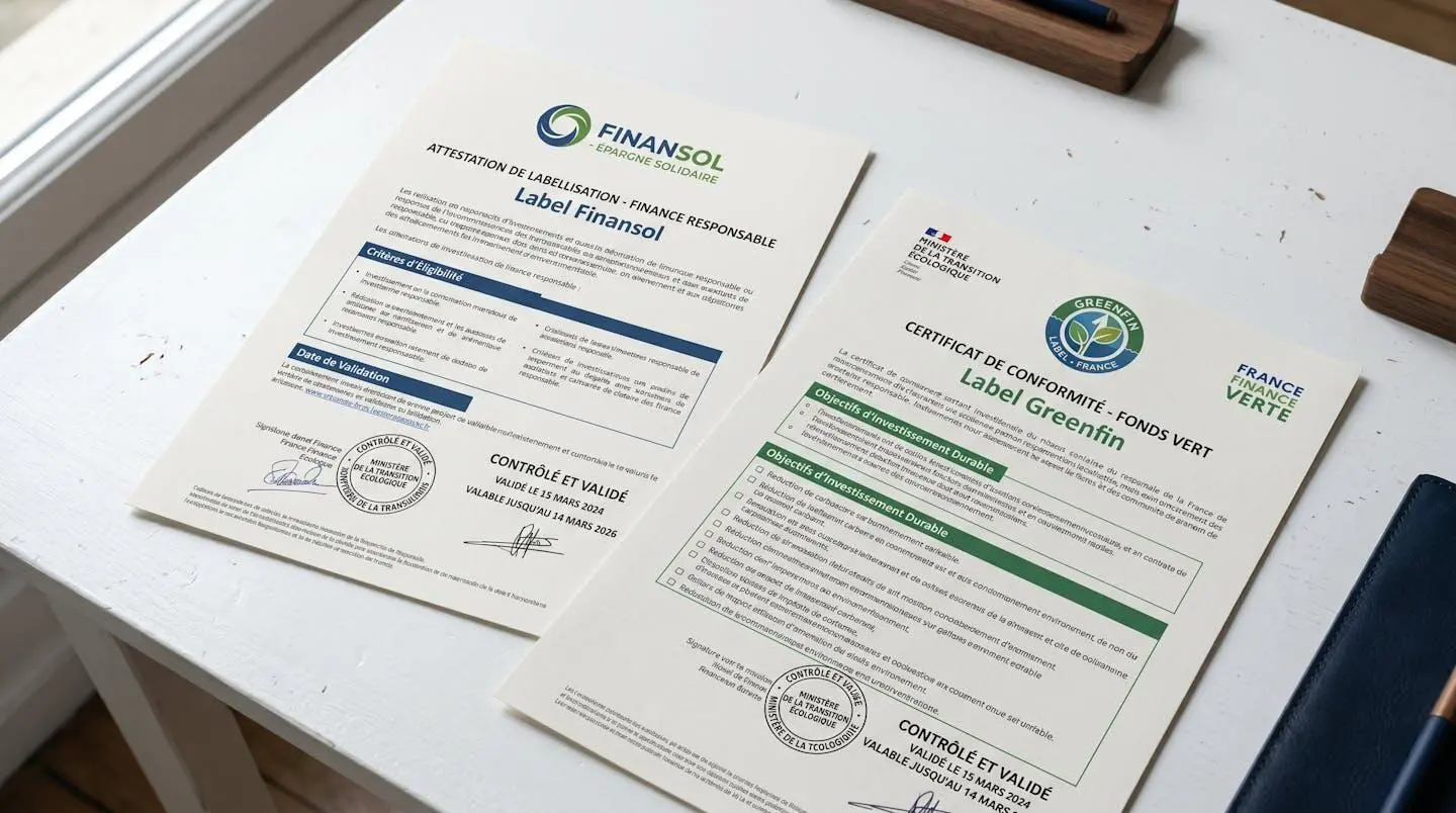 Documents de certification officiels Finansol et Greenfin avec tampons et textes français sur bureau épuré