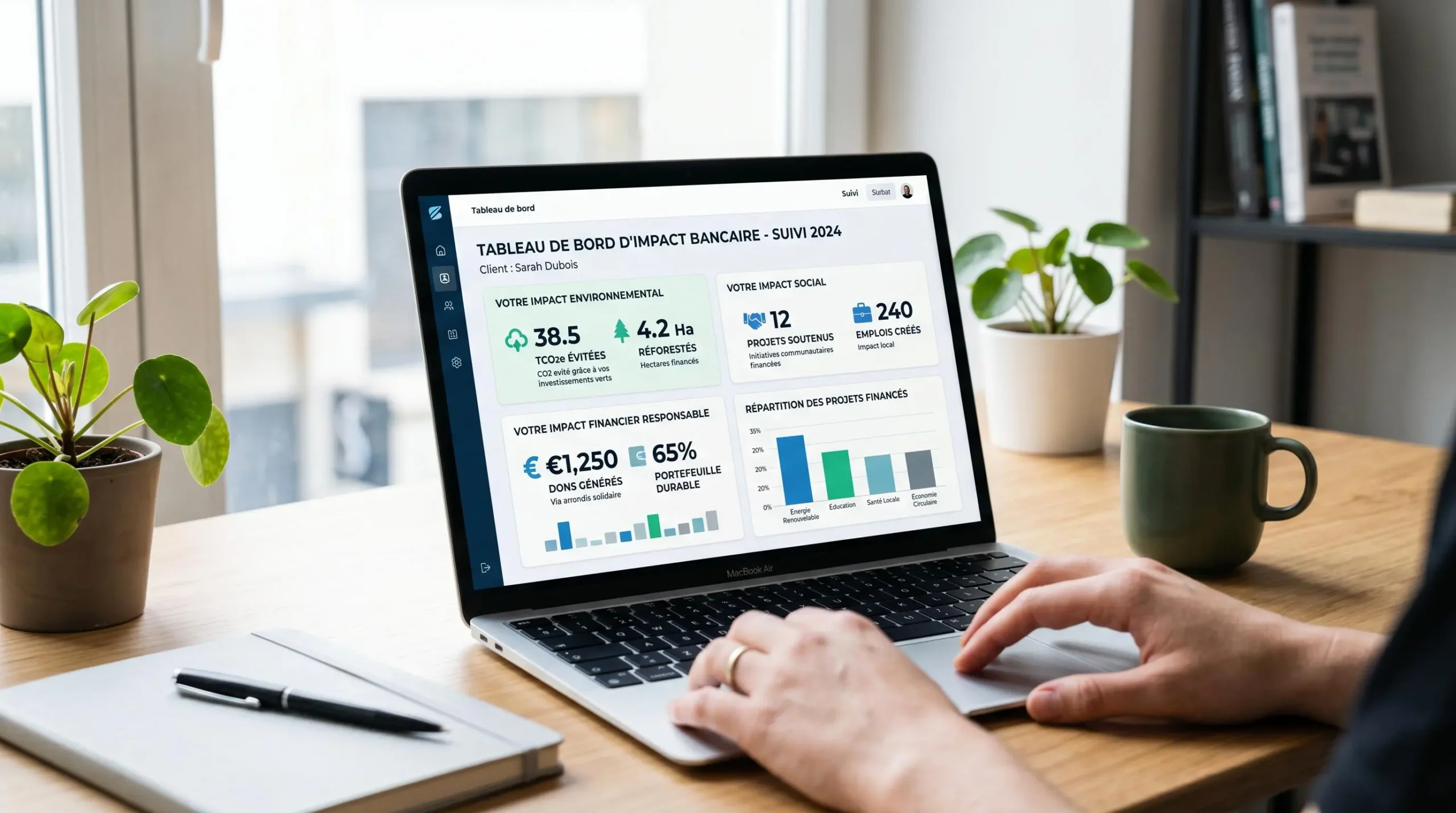 Écran d'ordinateur affichant tableau de bord français de traçabilité bancaire avec métriques d'impact environnemental et social
