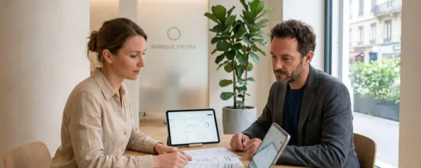Conseiller bancaire et client en entretien dans une agence contemporaine, discutant autour de documents et d'une tablette numérique sur une table épurée, dans un espace lumineux aux lignes minimalistes