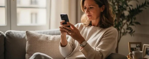 Femme assise dans son salon consultant l'application bancaire sur son smartphone pour vérifier son compte Livret A