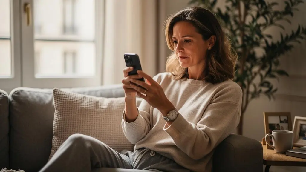 Femme assise dans son salon consultant l'application bancaire sur son smartphone pour vérifier son compte Livret A