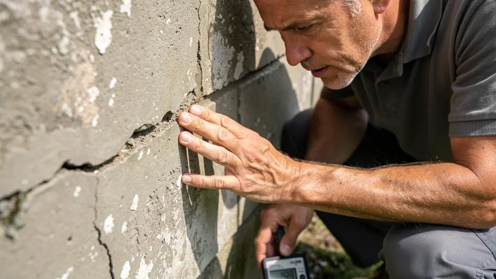 Expert en bâtiment inspectant de près une fissure sur la façade d'une maison