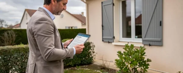 Expert immobilier inspectant l'extérieur d'une maison individuelle française avec une tablette