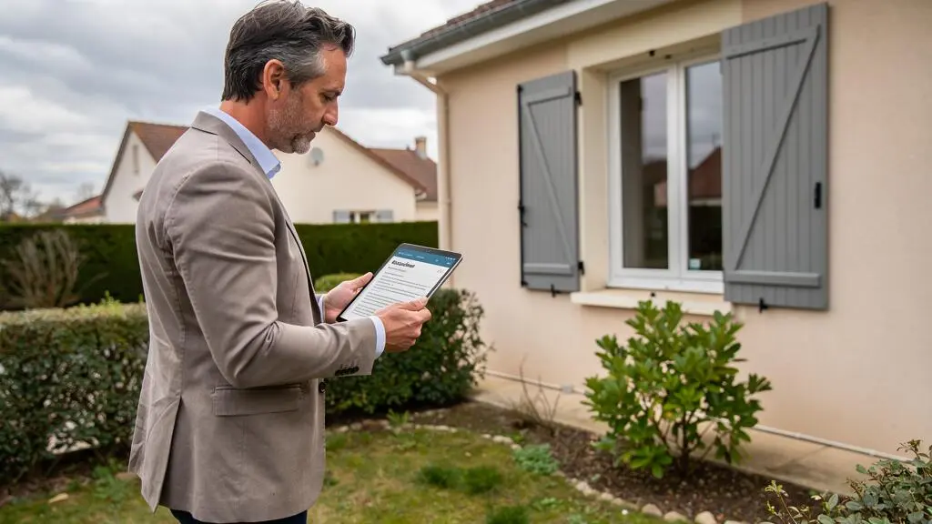 Expert immobilier inspectant l'extérieur d'une maison individuelle française avec une tablette