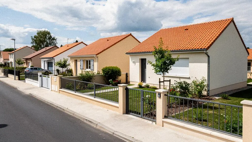 Vue de rue d'un quartier résidentiel français montrant plusieurs maisons individuelles similaires