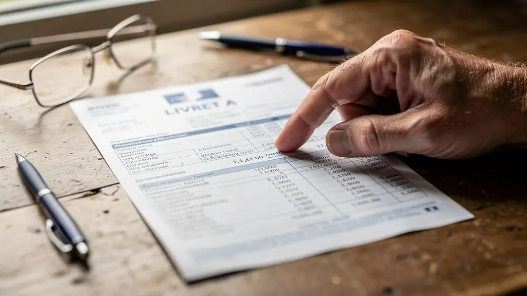 Gros plan sur un relevé de compte Livret A posé sur une table avec des lunettes et une main pointant les chiffres du solde