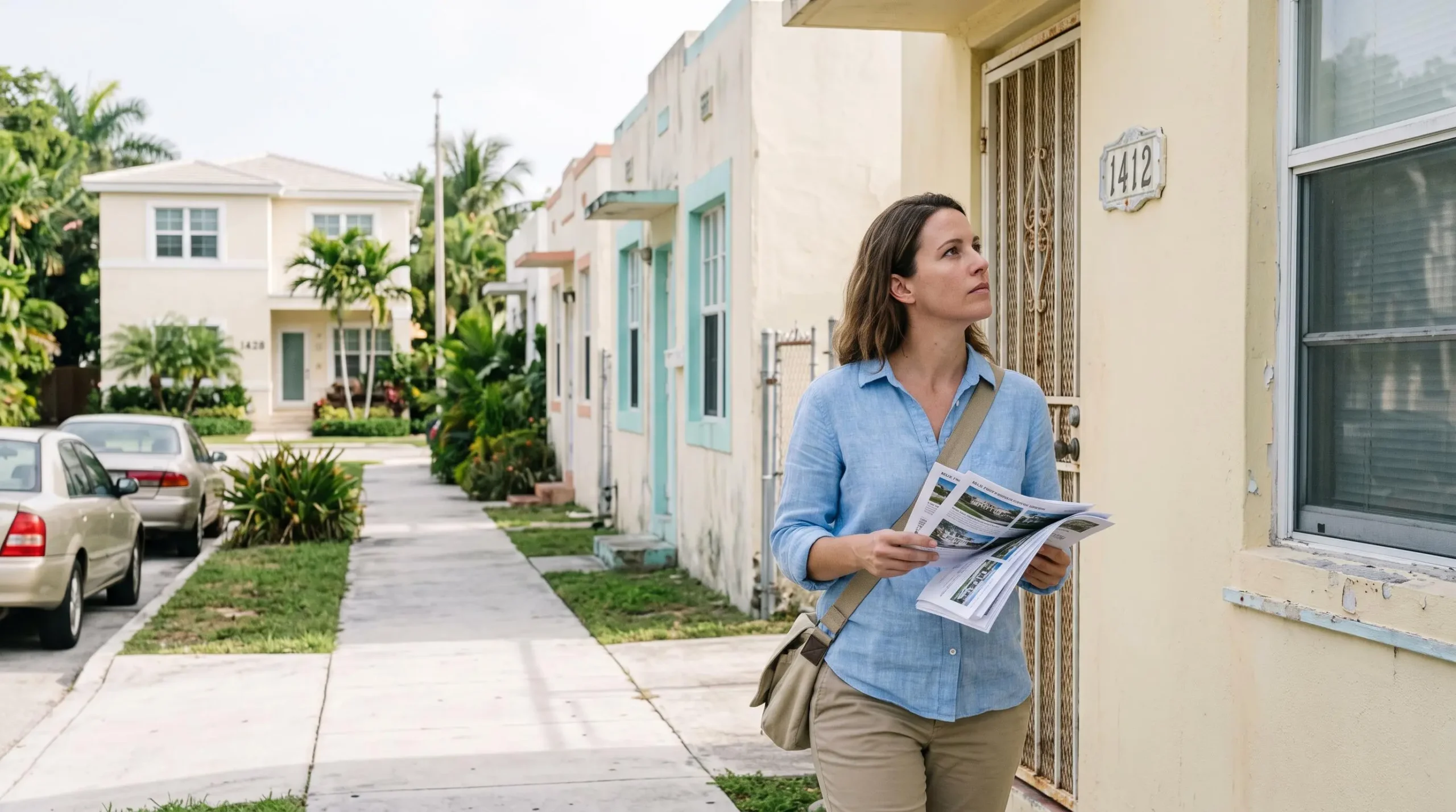 Une femme marche sur un trottoir résidentiel de Miami Beach en comparant des annonces imprimées avec les maisons visibles dans la rue.