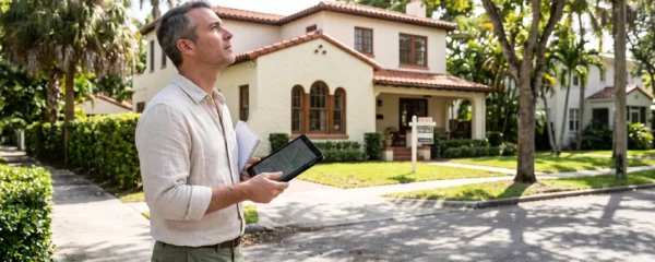 Un expert immobilier debout devant une maison à vendre dans une rue résidentielle de Miami, comparant la propriété avec les données sur sa tablette.