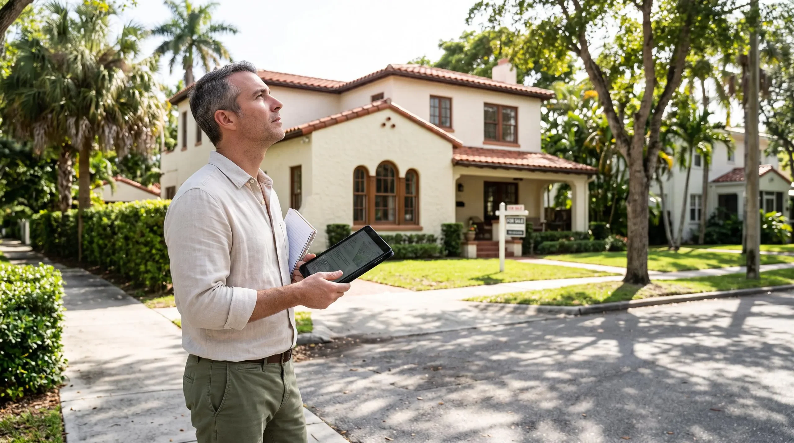 Un expert immobilier debout devant une maison à vendre dans une rue résidentielle de Miami, comparant la propriété avec les données sur sa tablette.