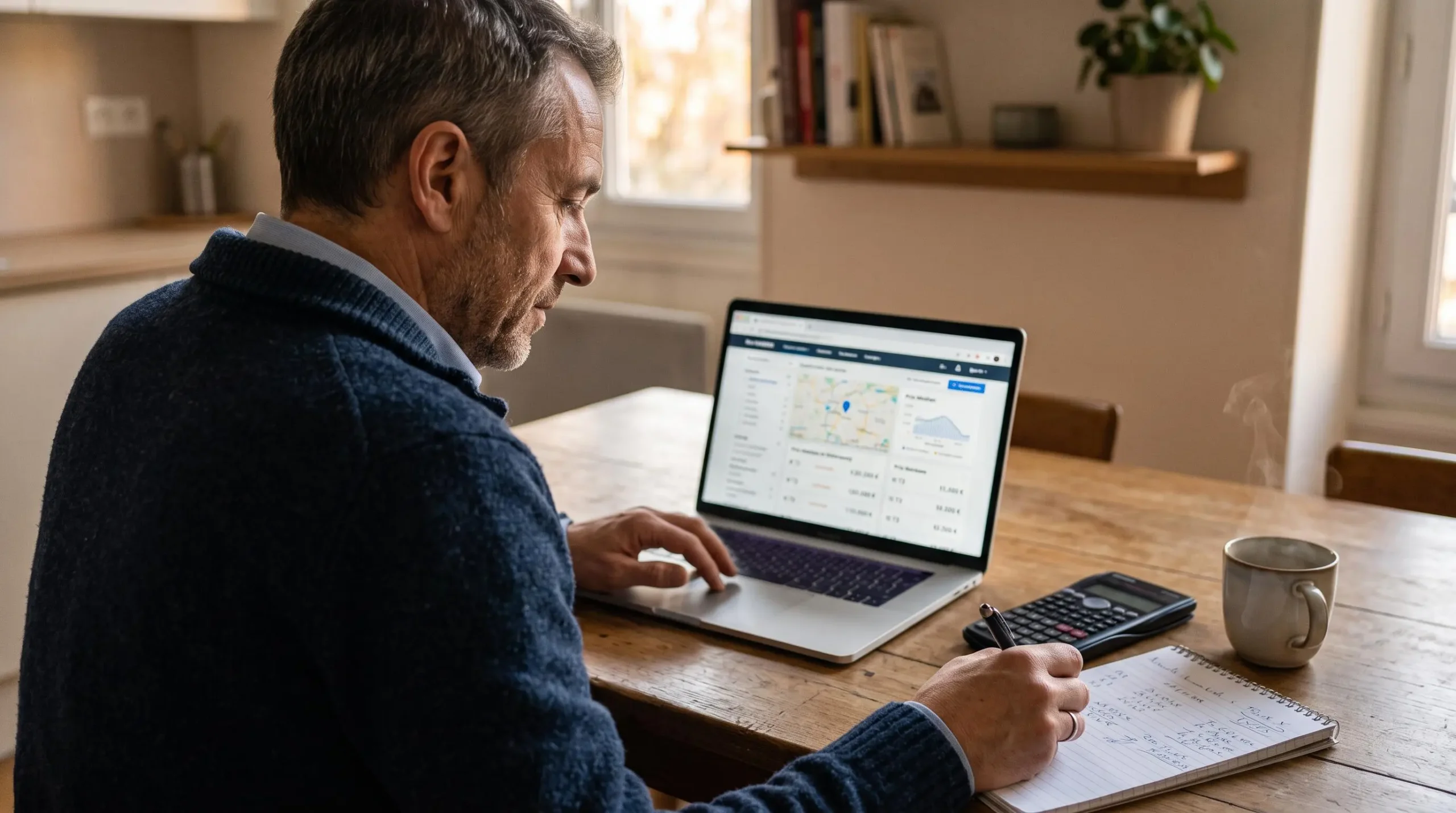 Un investisseur assis à la table de sa cuisine à Lyon compare des annonces immobilières sur un ordinateur portable en prenant des notes chiffrées.